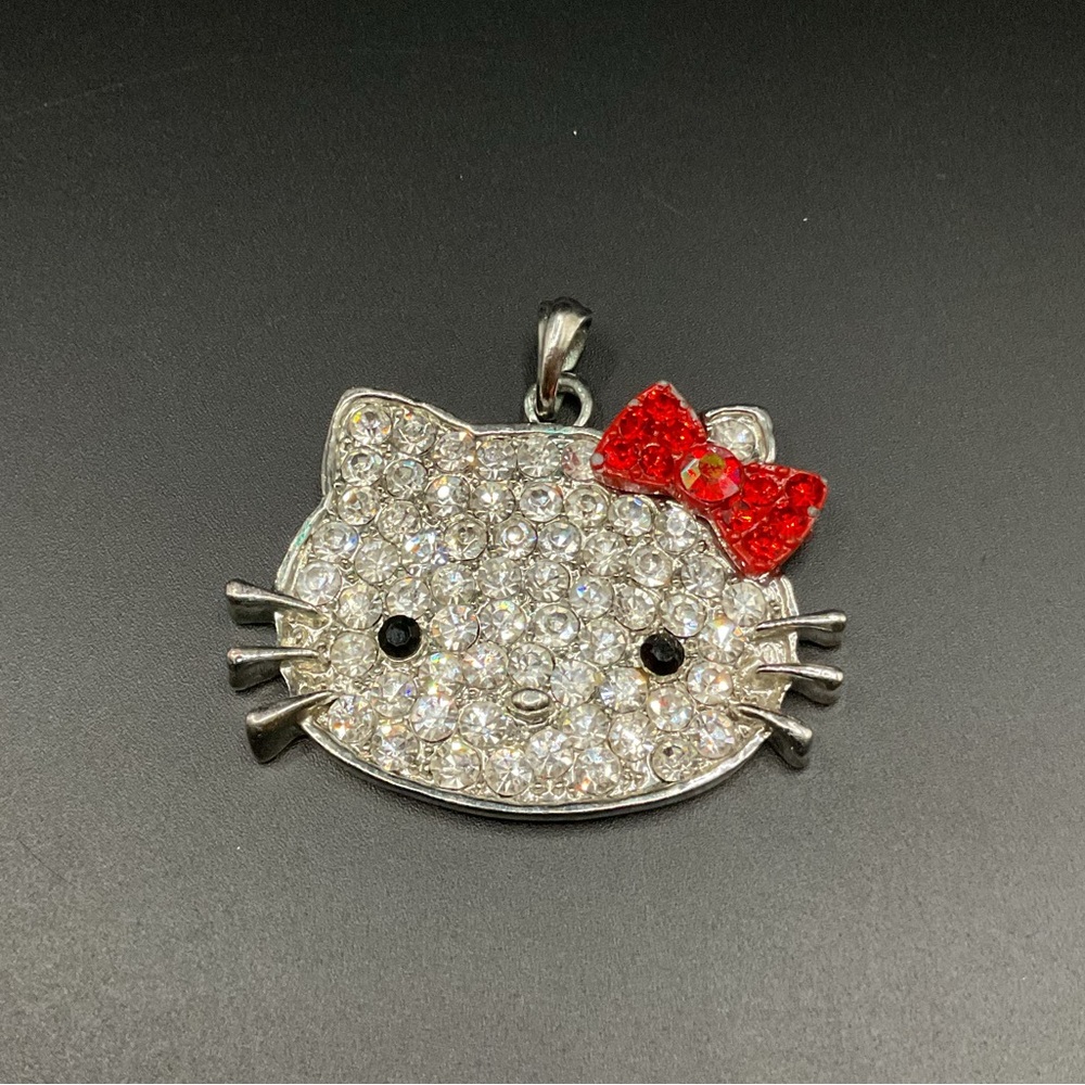 Hello Kitty Necklace Rhinestone and Silver Tone Pendant Cute Sweet Sparkly